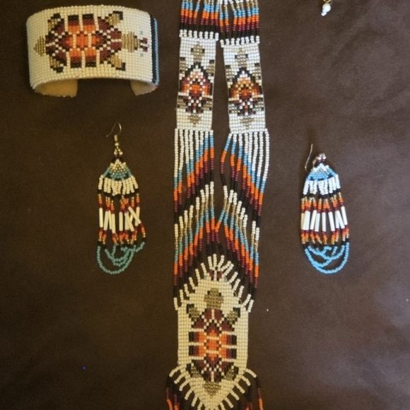 Vintage Beaded Turtle Jewelry Set Necklace Cuff Bracelet Earrings Southwest Boho - Picture 1 of 2